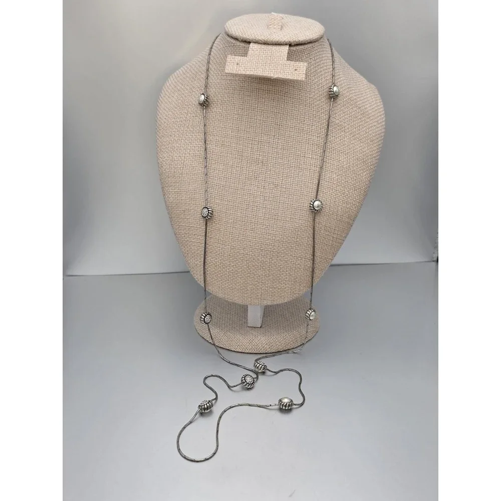 Vtg BRIGHTON Signed Faux Pearl Station Necklace Reversible Snake Chain 40